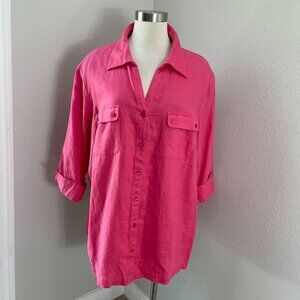 JM Collection Woman 20W Pink 100% Linen Button Up Shirt 3/4 Sleeve Top